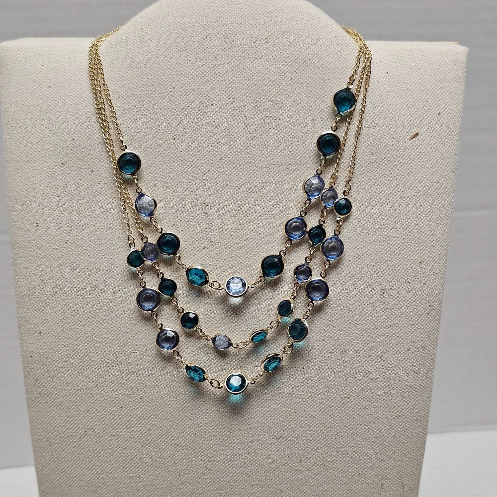 SWAROVSKI Crystal Layered Necklace Bezel Gold Tone Multi Blue Signed Fob
